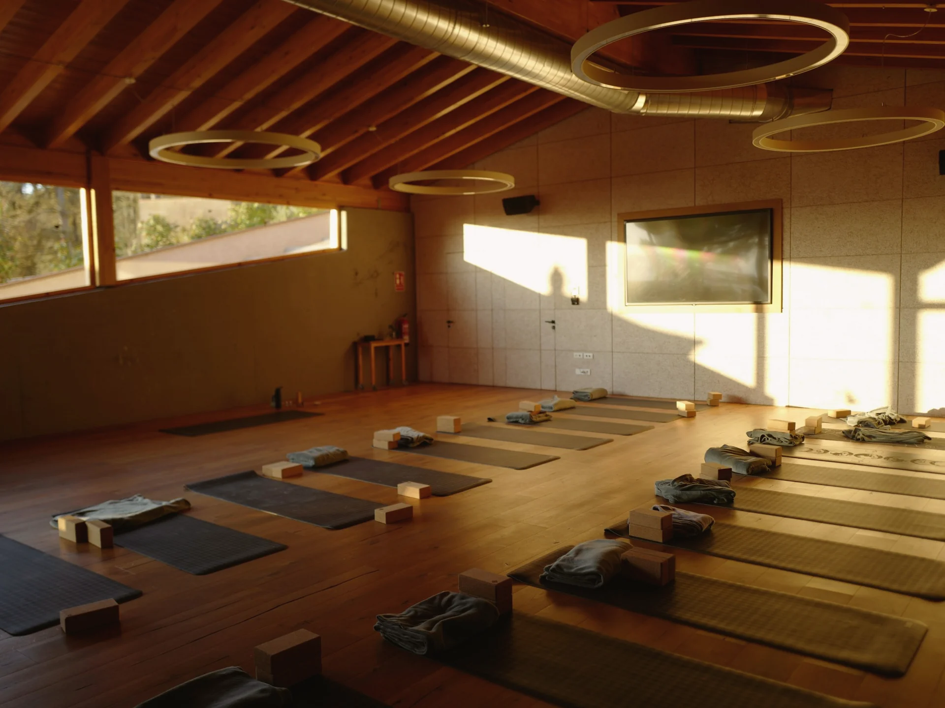 Sala del estudio con mats ordenados y luz natural